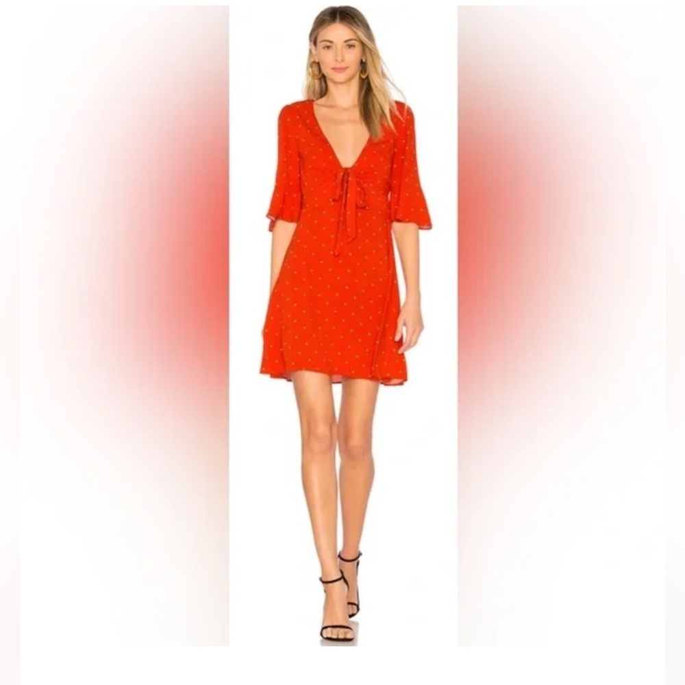 🍊 FREE PEOPLE Orange Polka Dot‎ Tie-Front Mini Dress Sz 0 🍊